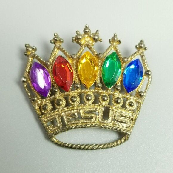 Vintage Jesus Rainbow Rhinestone Crown Brooch, Gold Tone Setting, Estate - Picture 2 of 6